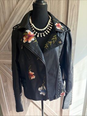 Black Floral Embroidered Faux Leather Biker Jacket